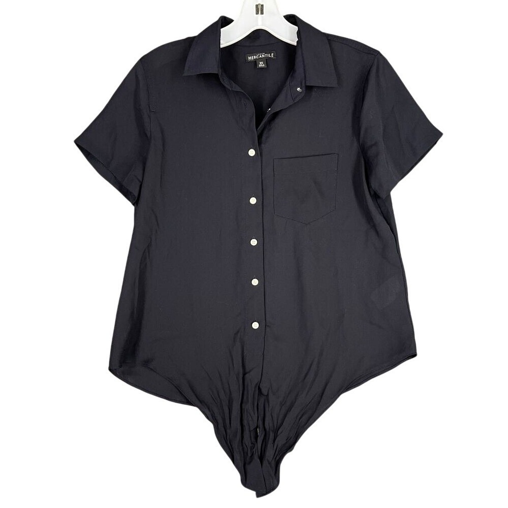 J Crew Mercantile Short Sleeve Tie Front Button Up Pocket Shirt Black XS Womens